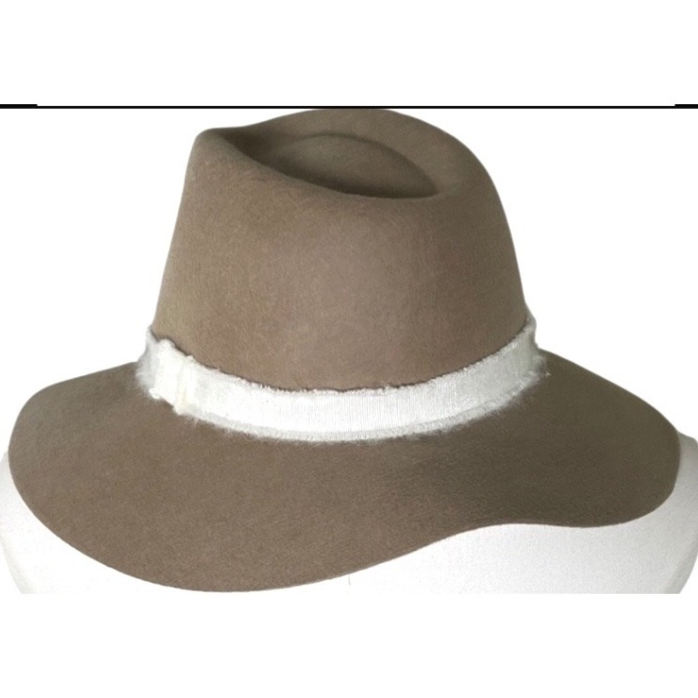 Wide Brim Rancher Fedora Hat‎ Tan Wool Felt White Band Boho Western OS
